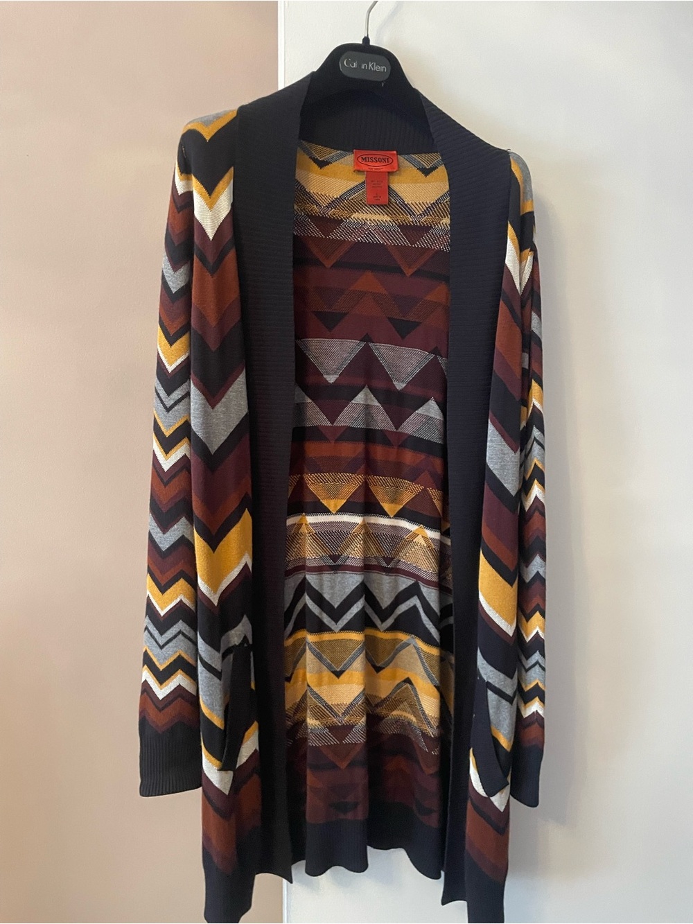 Missoni Chevron Open-Front Cardigan in Mustard, Burgundy & Black